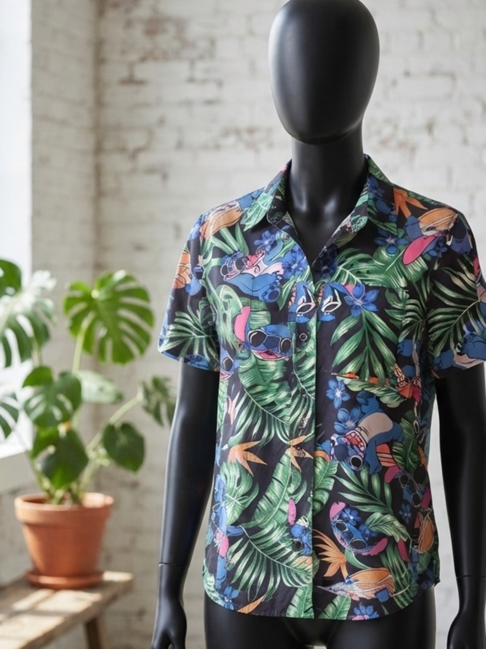 Disney Stitch Tropical Print Button-Down Shirt - Blue/Green/Orange Small